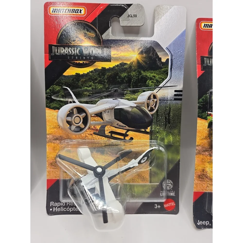 Jurassic World Rebirth MATCHBOX LOT OF 3 - Jeep, Copter, Off Road InGen Mercedes